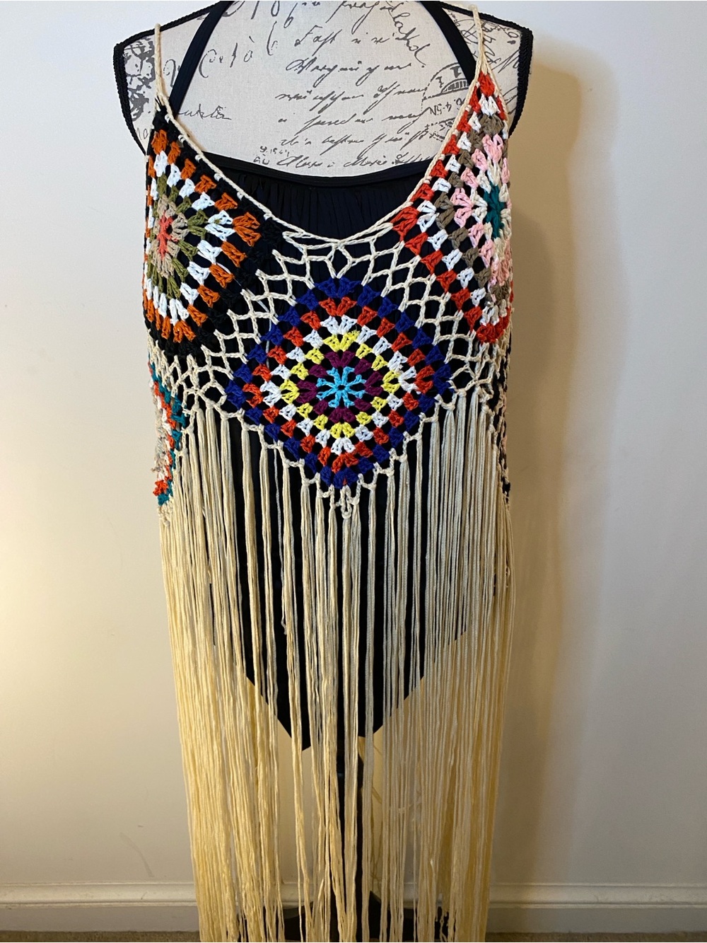 Crochet Multi Color Fringe Vest Top Cover up 
 With adjustable tie straps - Picture 3 of 4